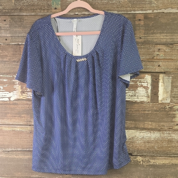 NY Collection Blue Pleated Blouse Relaxed Fit With Jewels @ Neck, Plus 2X, NWT - Picture 1 of 4